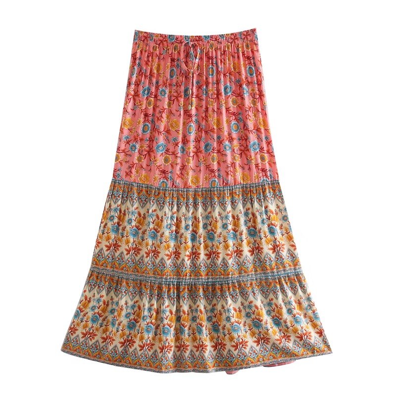 Serena Pink Boho Floral Print Midi Skirt