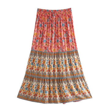 Serena Pink Boho Floral Print Midi Skirt