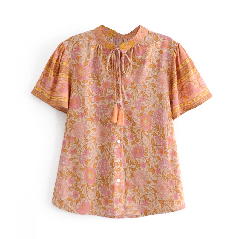 Monticello Rose Boho Floral Print Short Sleeve Blouse