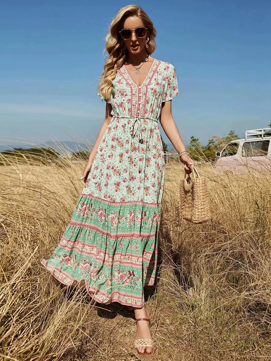 Mint Rosebud Boho Floral Print Maxi Dress