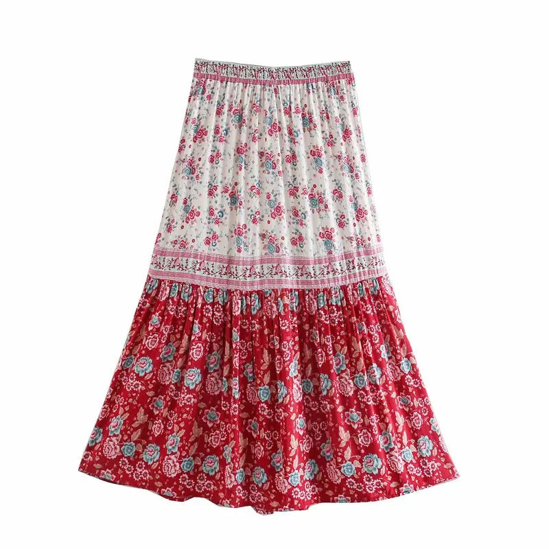 Red Rosebud Boho Floral Print Midi Skirt