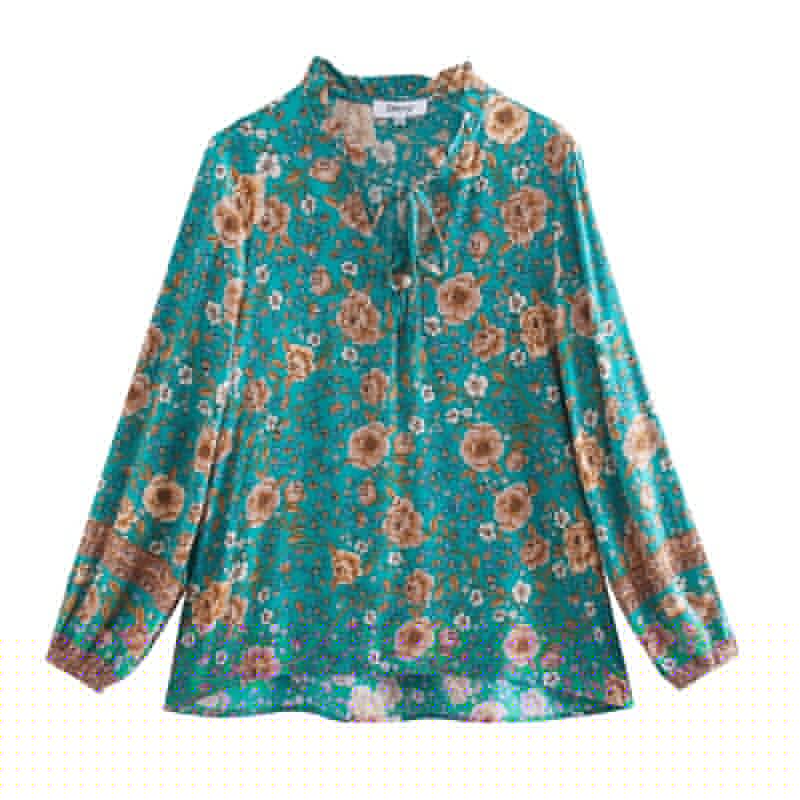Teal Blossom Boho Floral Print Long Sleeve Blouse