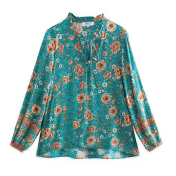 Teal Blossom Boho Floral Print Long Sleeve Blouse