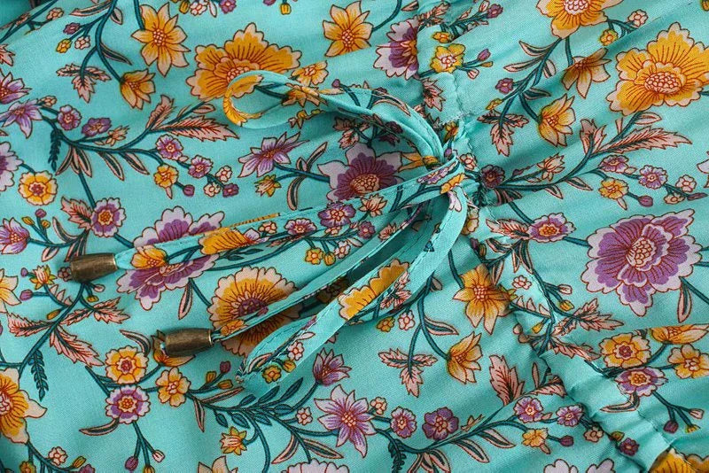 Serene Teal Boho Floral Print Midi Dress