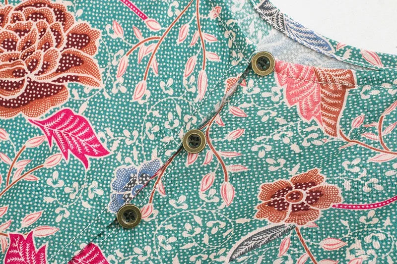 Blooming Green Boho Floral Print Midi Dress