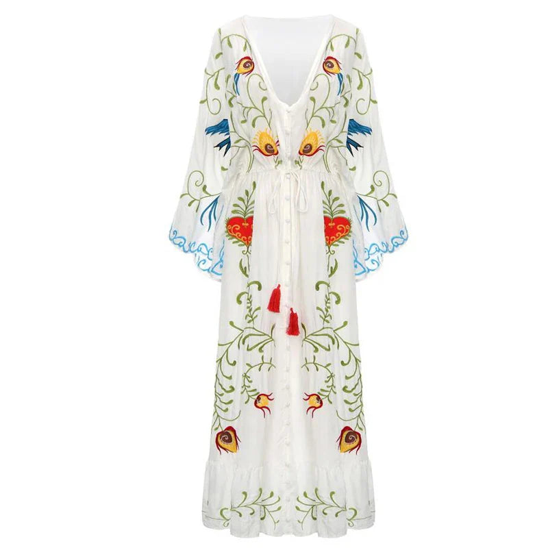 Whimsical Heart Floral Embroidered Maxi Dress
