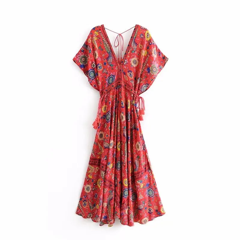 Red Songbird Boho Floral Print Midi Dress
