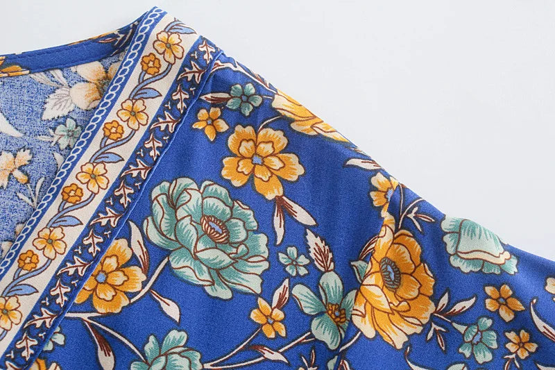 Sapphire Meadow Boho Floral Print Midi Dress