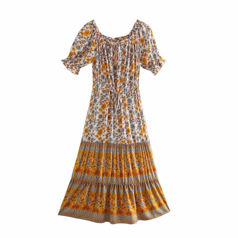Sunlit Marigold Boho Floral Print Midi Dress