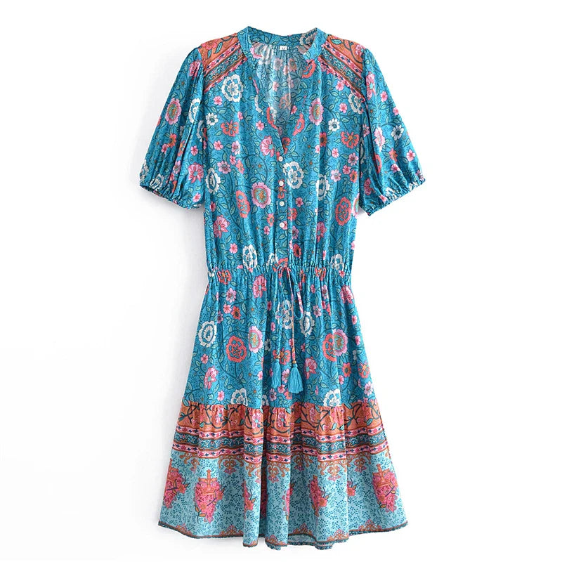 Blue Bouquet Boho Floral Print Midi Dress