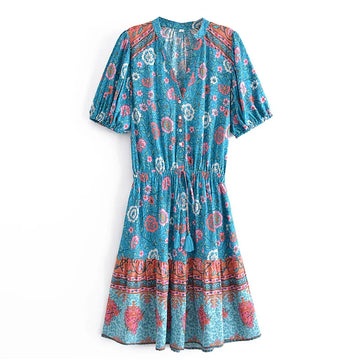 Blue Bouquet Boho Floral Print Midi Dress