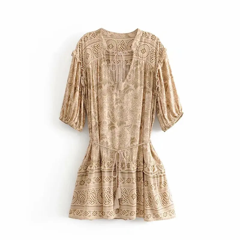 Desert Khaki Boho Floral Print Mini Dress