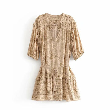 Desert Khaki Boho Floral Print Mini Dress