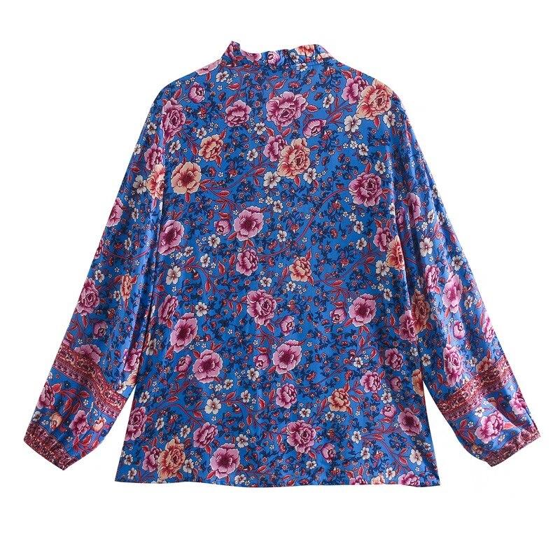 Indigo Bloom Boho Floral Print Long Sleeve Blouse