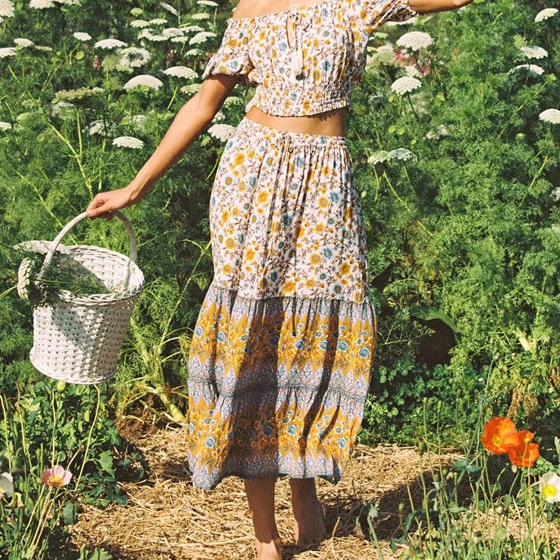 Sunny Marigold Boho Floral Print Midi Skirt