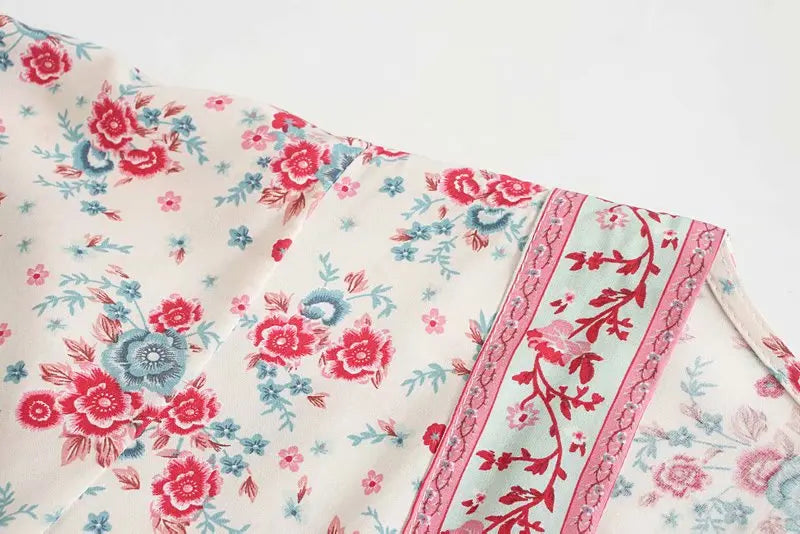 Red Rosebud Boho Floral Print Maxi Dress