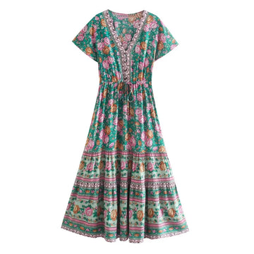Teal Garden Boho Floral Print Midi Dress