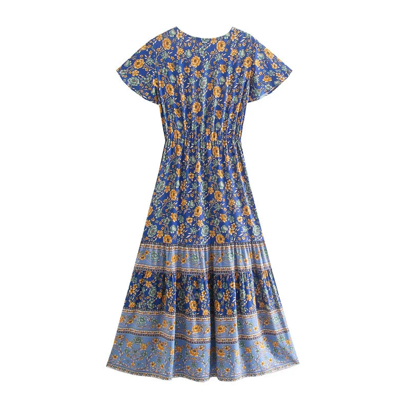 Sapphire Meadow Boho Floral Print Midi Dress