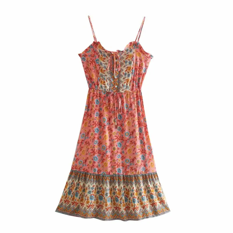 Serena Bloom Boho Floral Print Midi Dress