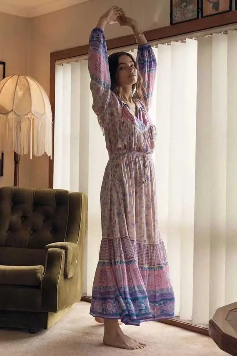 Lavender Falls Boho Floral Print Long Sleeve Blouse