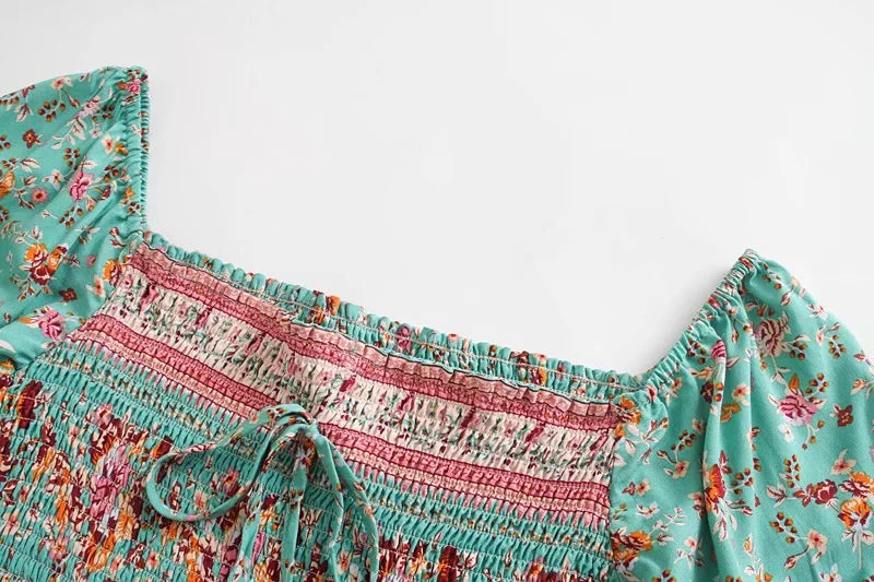 Green Floral Fantasy Boho Floral Print Mini Dress