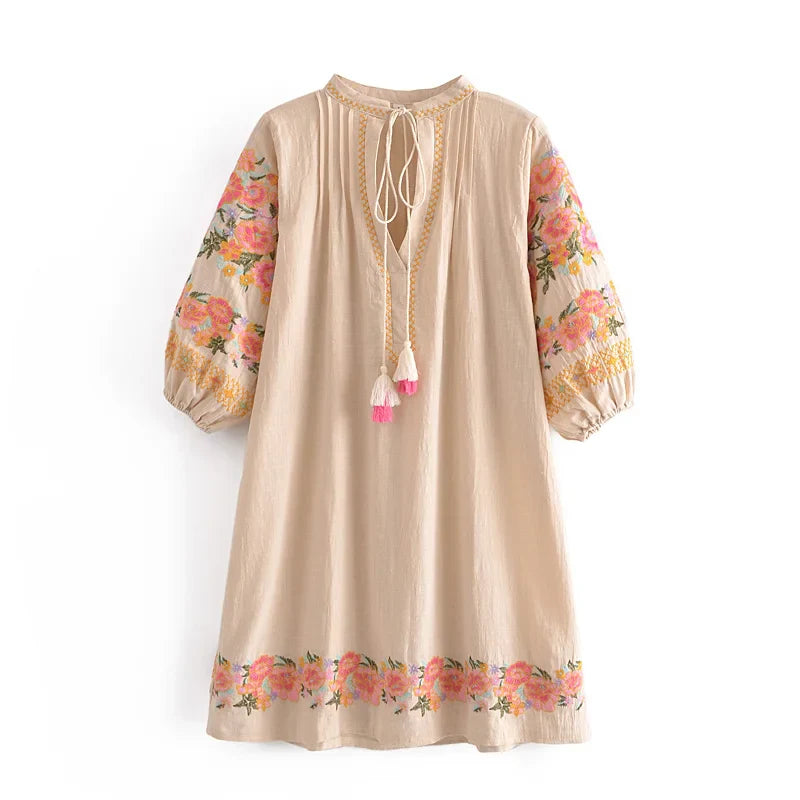 Blush Meadow Boho Floral Embroidered Mini Dress