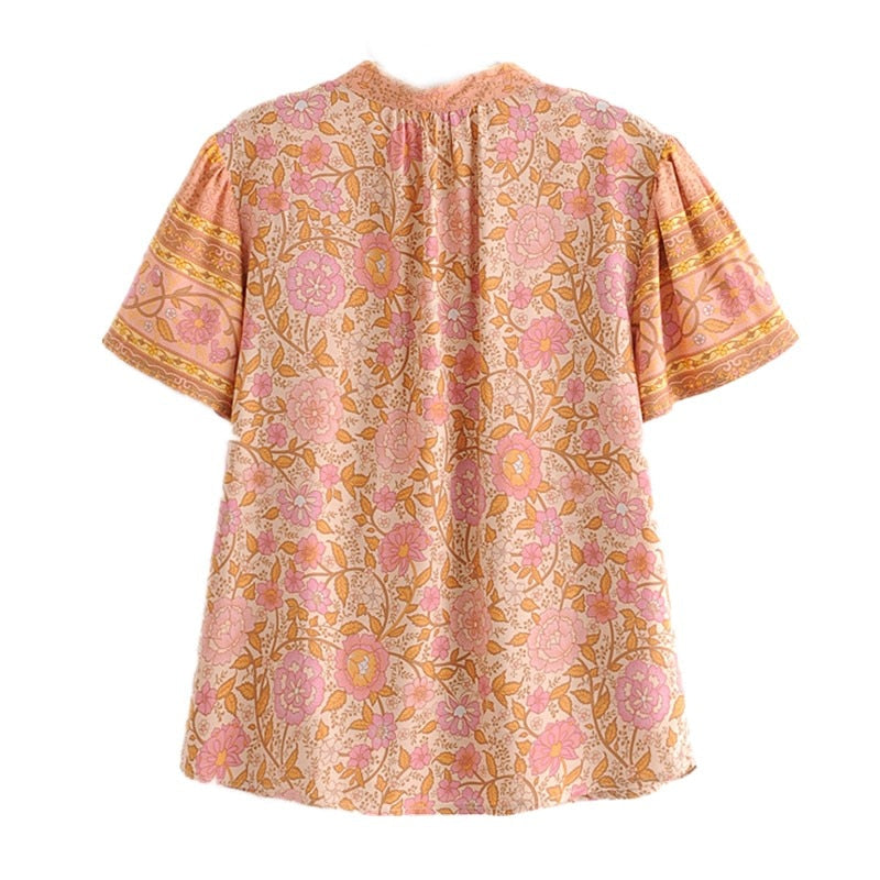 Monticello Rose Boho Floral Print Short Sleeve Blouse