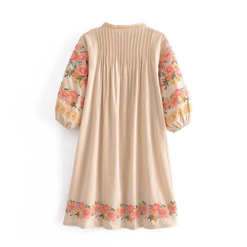 Blush Meadow Boho Floral Embroidered Mini Dress