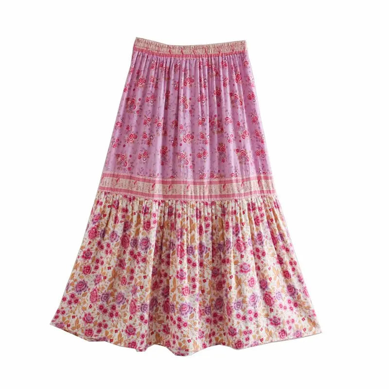 Pink Rosebud Boho Floral Print Midi Skirt