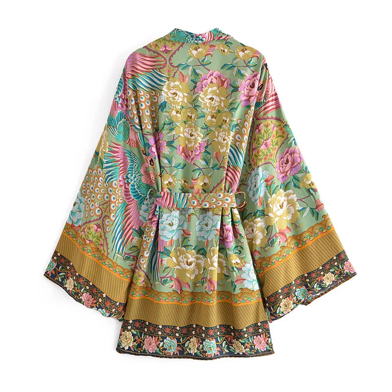 Jade Peacock Boho Floral Print Short Robe