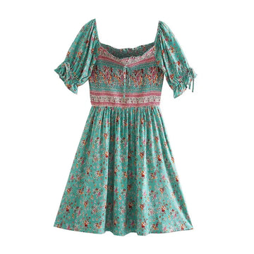 Green Floral Fantasy Boho Floral Print Mini Dress