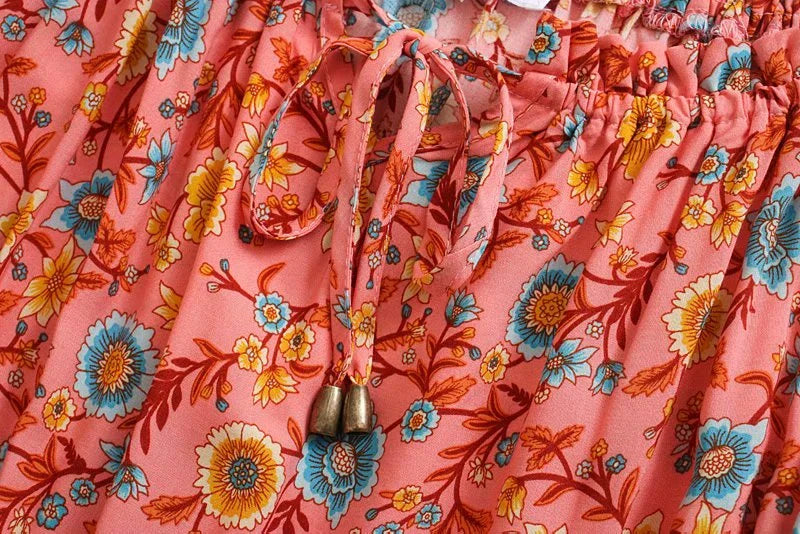 Coral Pink Boho Floral Print Midi Dress