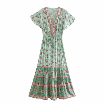 Mint Rosebud Boho Floral Print Maxi Dress