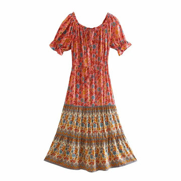 Coral Pink Boho Floral Print Midi Dress