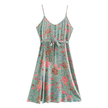 Blooming Green Boho Floral Print Midi Dress