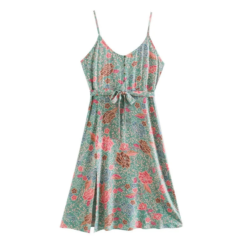 Blooming Green Boho Floral Print Midi Dress