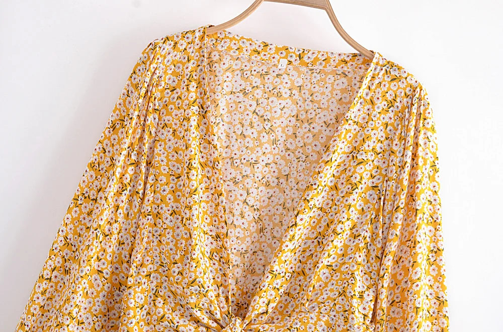 Golden Bloom Boho Floral Print Long Sleeve Crop Top