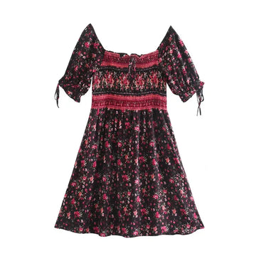 Black Floral Fantasy Boho Floral Print Mini Dress