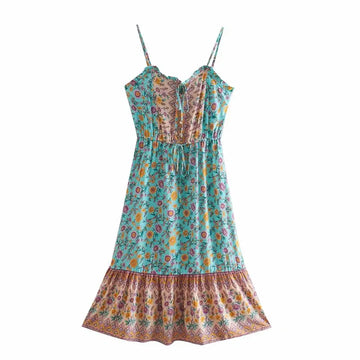 Teal Bloom Boho Floral Print Midi Dress