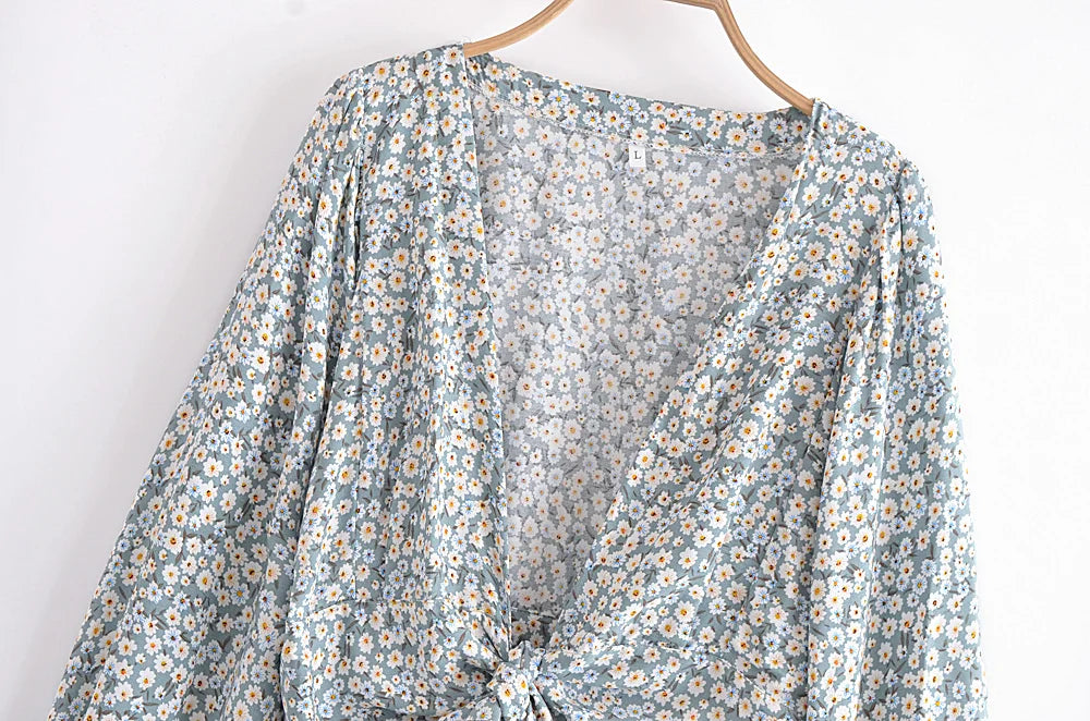 Blue Bloom Boho Floral Print Long Sleeve Crop Top