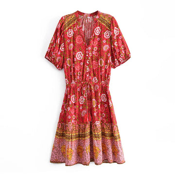 Strawberry Rose Boho Floral Print Midi Dress