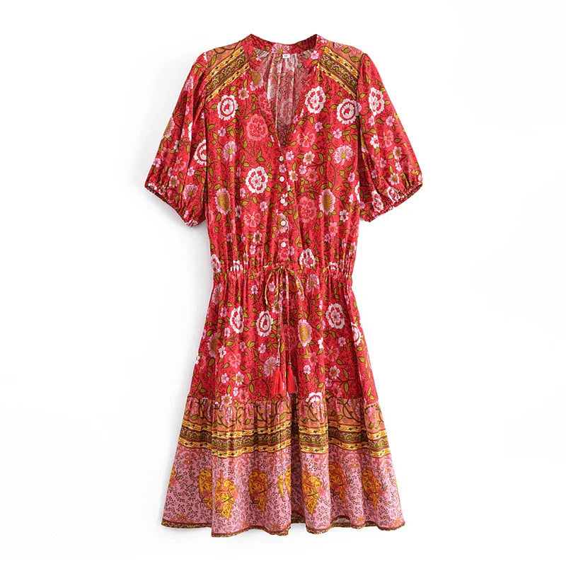 Strawberry Rose Boho Floral Print Midi Dress