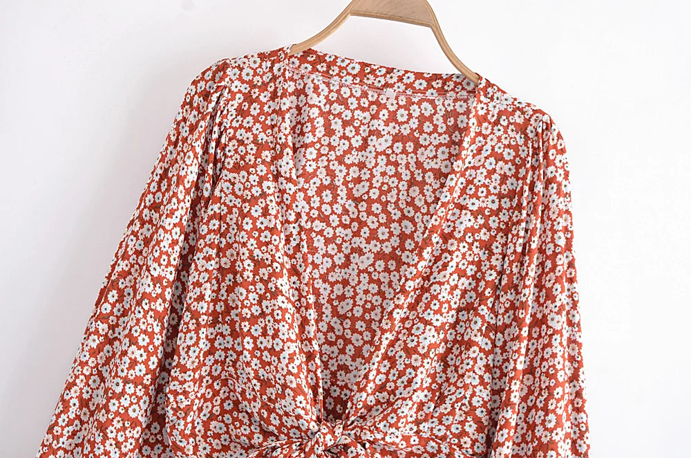 Poppy Bloom Boho Floral Print Long Sleeve Crop Top