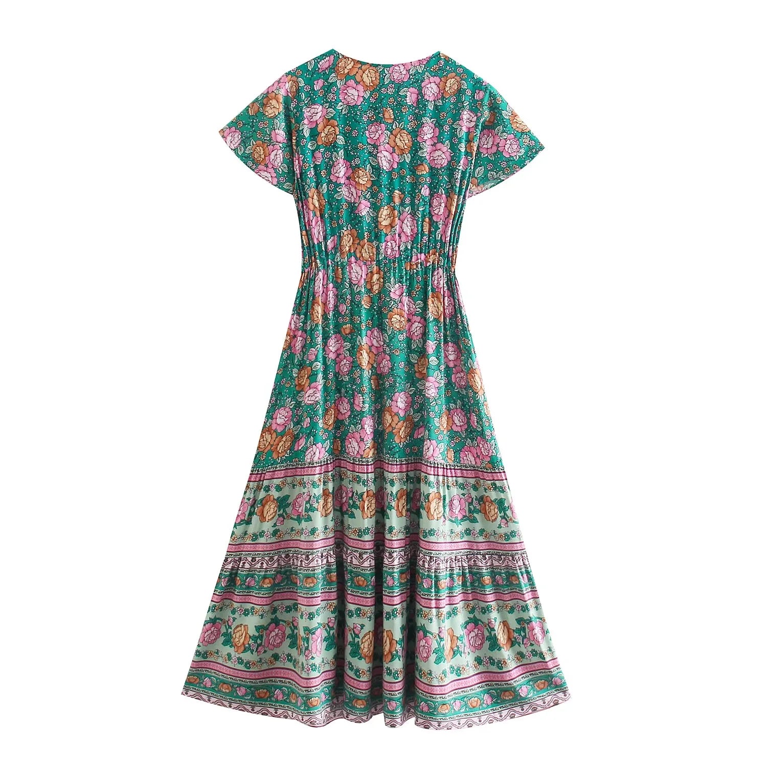 Teal Garden Boho Floral Print Midi Dress