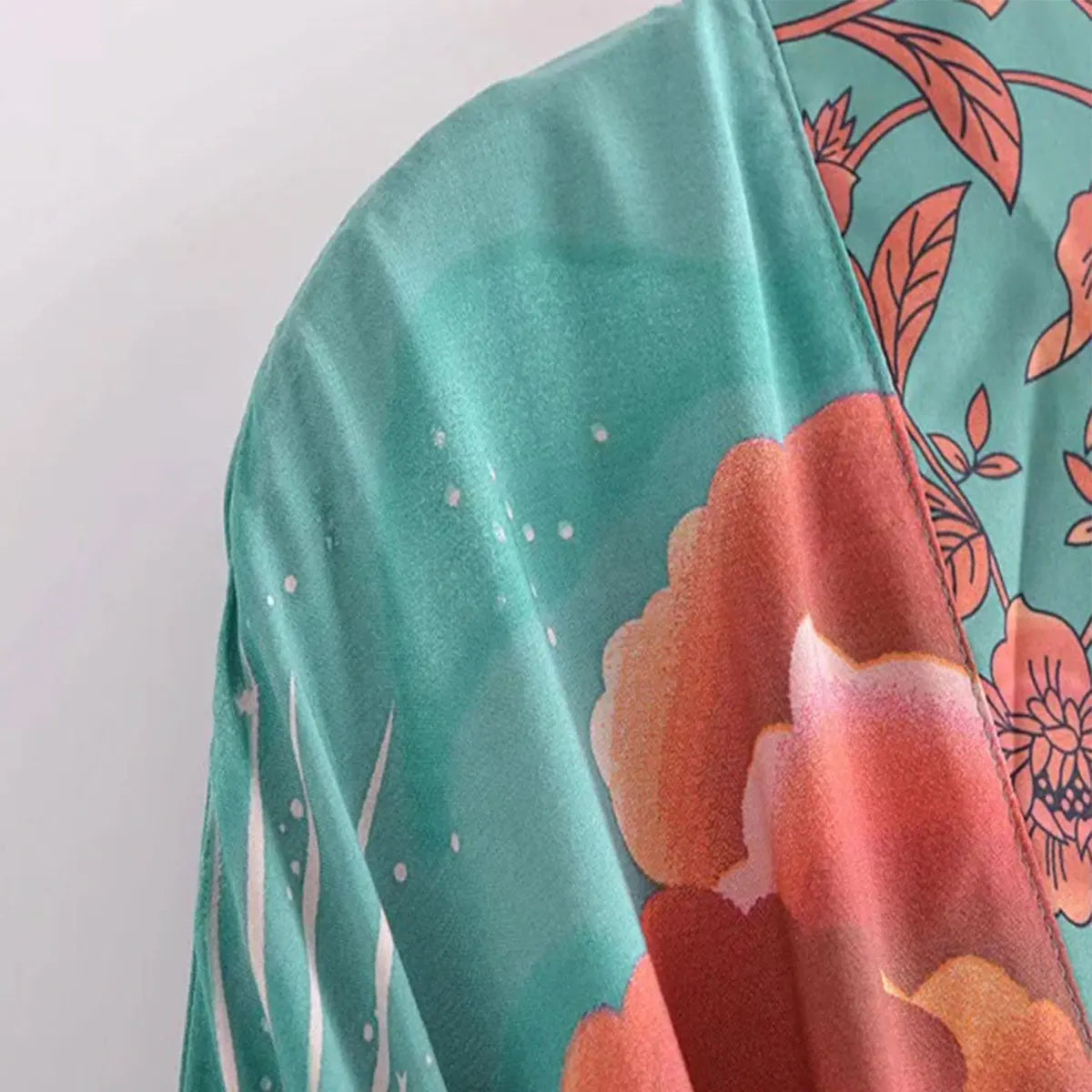 Moonstruck Teal Goddess Boho Kimono Short Robe