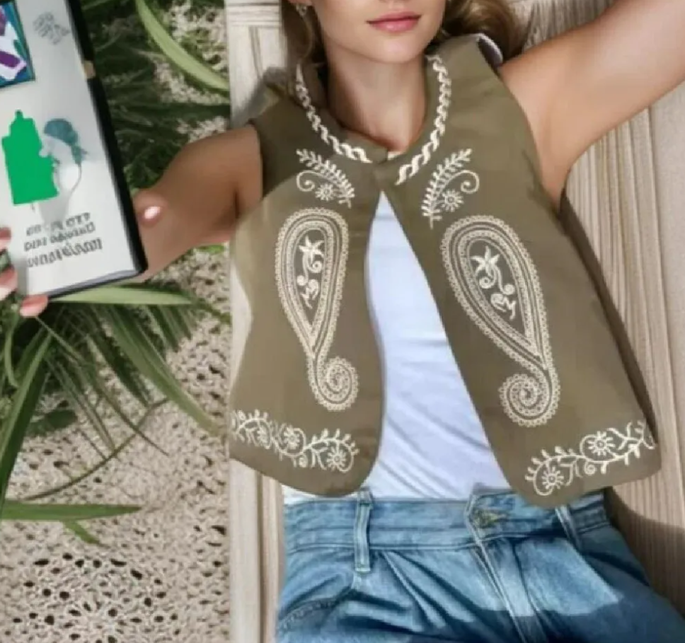 Olive Paisley Boho Floral Embroidered Vest