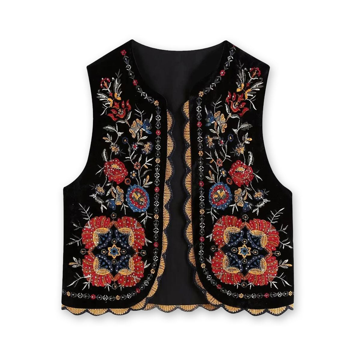 Black Boho Floral Embroidered Vest