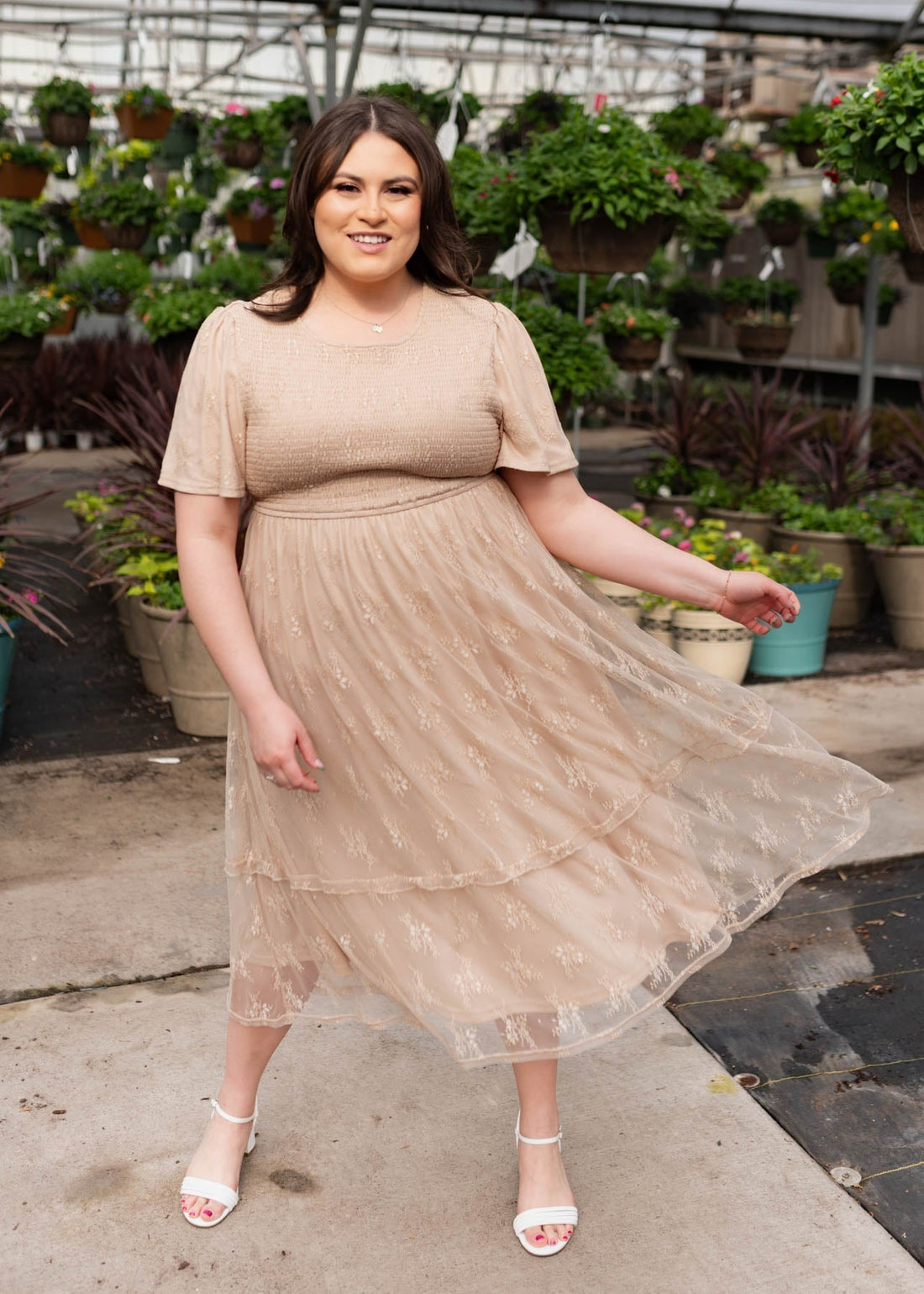 Quinn Beige Smocked Lace Dress