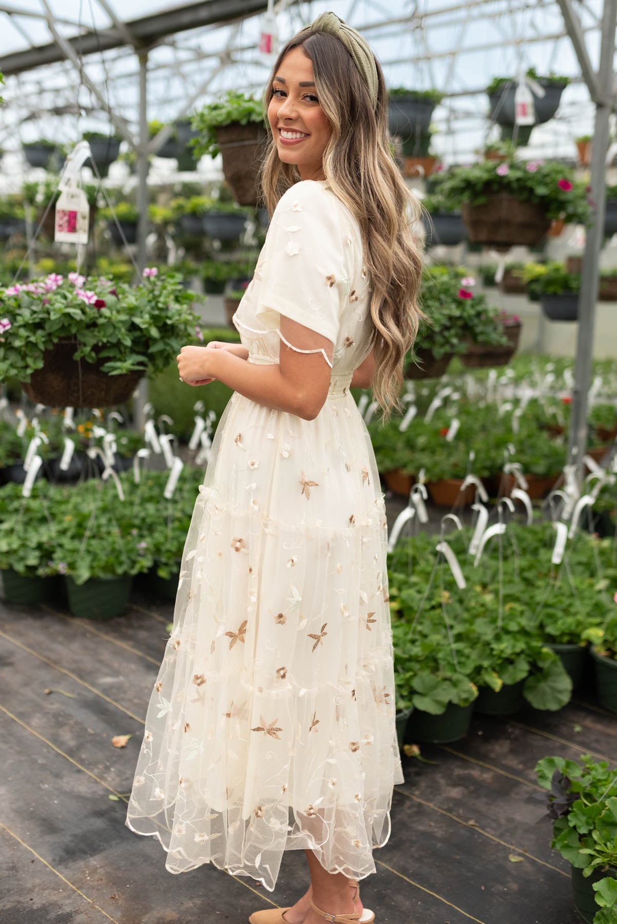 Rayleen Cream Embroidered Mesh Dress