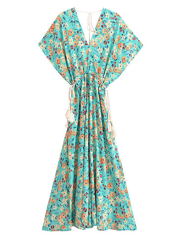 Evergreen Floral Boho Floral Print Midi Dress